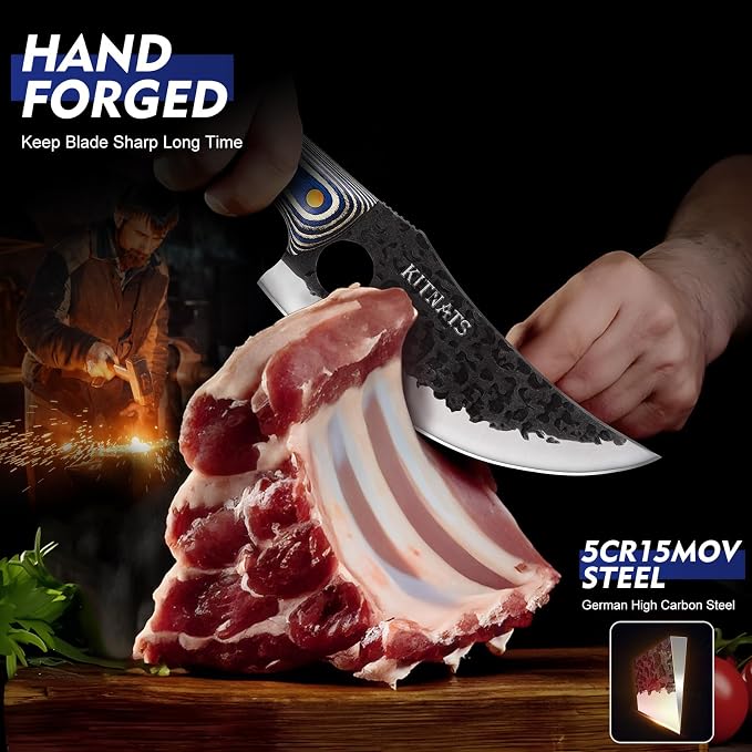 KITNATS 3PCS Butcher Knife Set, Hand Forged kitchen Knife Set-Heavy Duty Bone Chopper & Meat Cleaver & Viking Chef Knife Set for Home, Outdoor Cooking, Camping BBQ