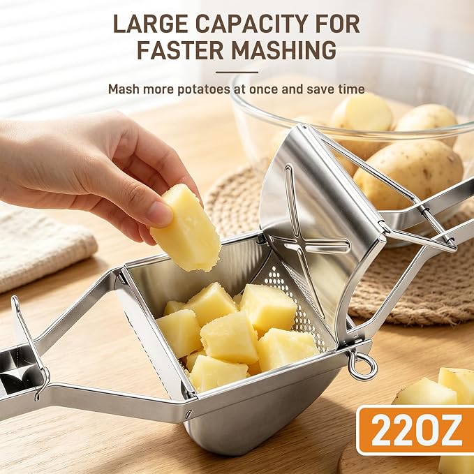 22oz Potato Ricer - Stainless Steel Heavy Duty Potato Masher | Ergonomic Handles, Stainless Steel, Dishwasher Safe, Sweet Potatoes,Vegetables