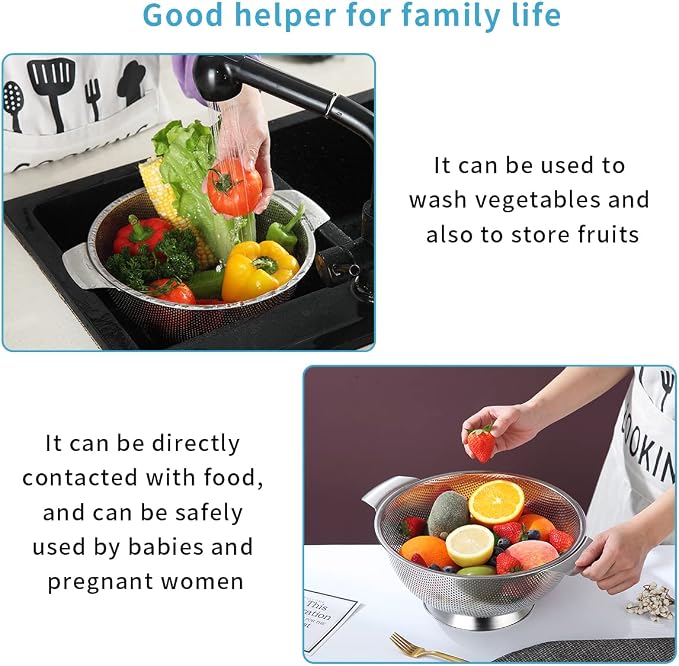 Kyraton Stainless Steel Colander 5 Quart, Professional Strainer with Heavy Duty Handles and Self Draining Solid Ring Base for Pasta, Spaghetti, Berry, Veggies, Fruits, Noodles, Salads Dishwasher Safe