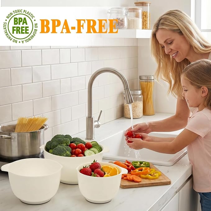 BoxedHome 4.5 Quart Large Plastic Mixing Bowls set with Pour Spout, Beige | BPA-Free Plastic, Microwave & Dishwasher Safe, 4-Piece (1.7, 2.5,3.5 & 4.5 Qt),Nesting Bowls for Space Saving Storage