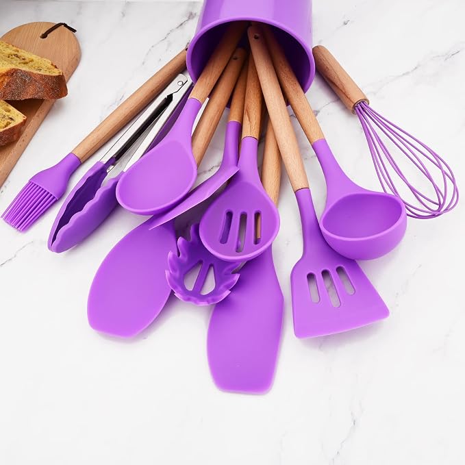1pc Purple Silicone Pasta Server, Non-stick Pasta Fork Kitchen Utensils With Wooden Handle, Heat Resistant for Pasta Noodle Spaghetti Strainer