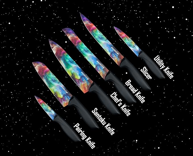 10 Pieces Kitchen Knives Set. Includes 6 Stainless Steel Knives, Scissors, Knife Sharpener, Peeler, and Clear Acrylic Stand (Cosmos)