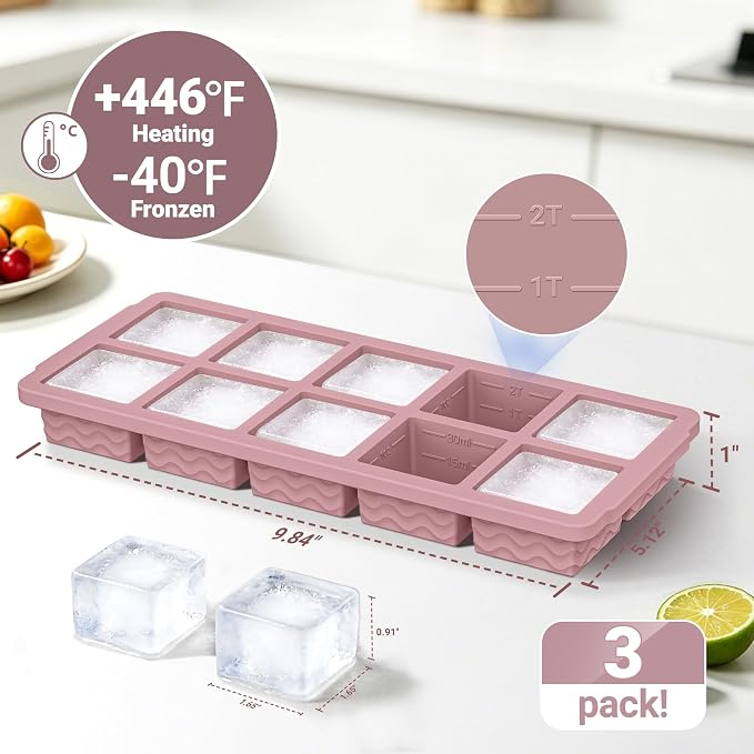 Doasuwish Ice Cube Trays with Lid, 3 Pack 10 Cubes 2 Tbsp. Silicone Ice Cube Trays for Freezer, Perfect for Freezing and Storing Ice Cubes, Chocolates, Sauces, Juices, Fruit Purees and More, BPA Free