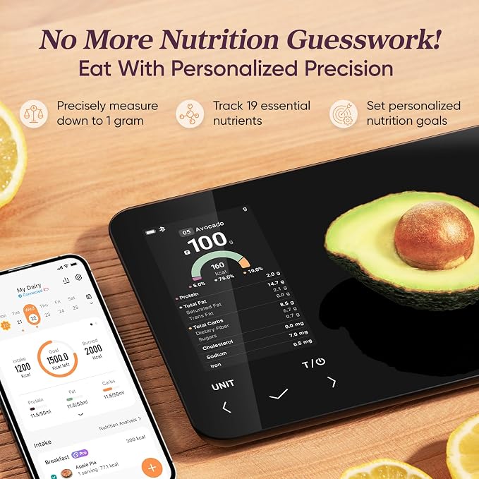 Cosori Smart Food Scale with Nutritional Calculator, USB Rechargeable, 11lb | AI Food Scan, Barcode Scan, 50 Food Preload, Free APP with 19 Nutrients, Calorie & Macro Tracking for Weight Loss