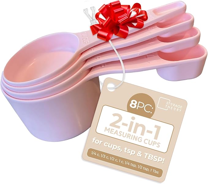 Storage Theory 2-in-1 Measuring Cups & Spoons Set (4-Piece) - Nesting Space-Saving Kitchen Gadget - BPA-Free Food Grade Plastic - Dishwasher Safe for Baking, Cooking, Coffee - Pink