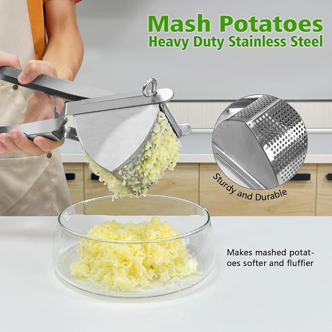 LHS Heavy Duty Potato Ricer and Masher, Stainless Steel Potato Masher, Business Fruit Masher and Food Press for Commercial and Home Use, 2 Sides Holes