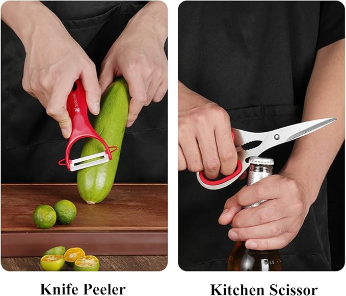 Kitchen Knife Set, 9Pcs Red Knife Set with Rotation Block, Ergonomical Handle,Non Stick Sharp Stainless Steel Chef Knife Block Set for Home Cooking Gift