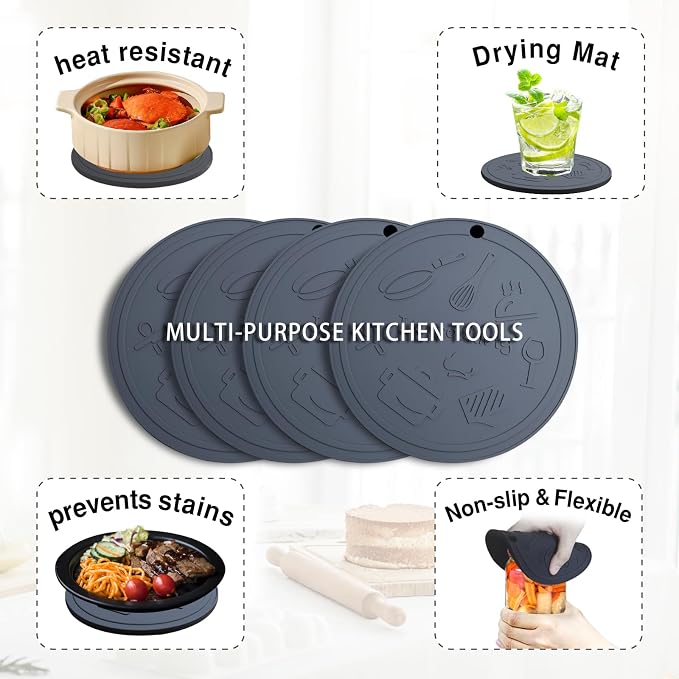 Silicone Trivet Mats - 3 Heat Resistant Pot Holders, Non-Slip Hot Pads for Kitchen, Food Grade Silicone, BPA Free, Easy to Wash (Dark Gray 4 piece)