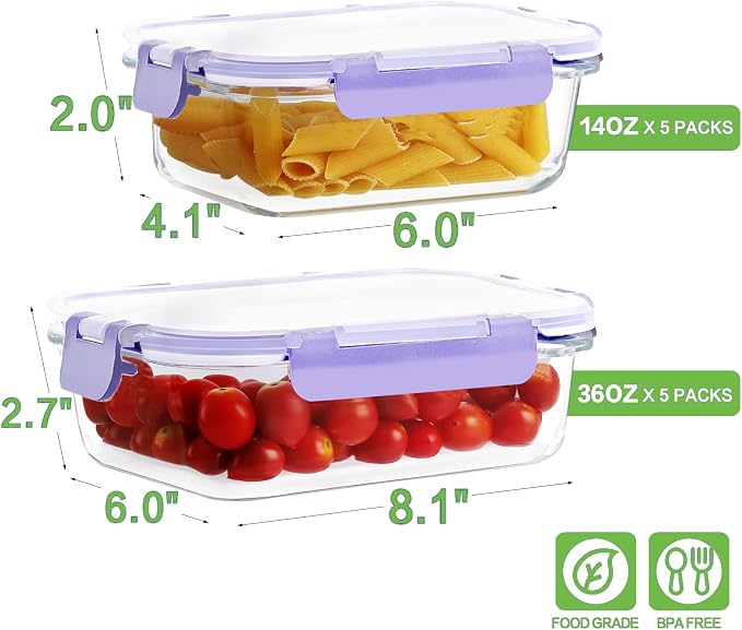 HOMBERKING 10-Pack Glass Meal Prep Containers, 36 oz/14 oz, Locking Lid Set | Borosilicate Glass Food Storage Containers Set, Airtight Lunch Bento Boxes, BPA-Free, Dishwasher Freezer, Oven Safe-Purple