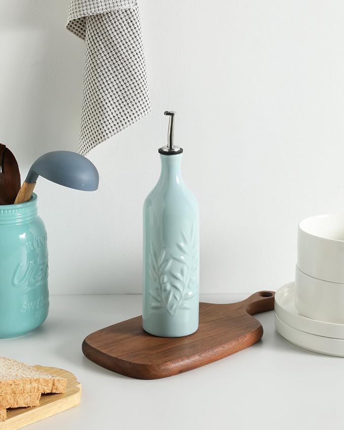 Sweejar Large Ceramic Olive Oil Dispenser Bottle, 24 Oz Relief Opaque Oil Cruet Protects Oil To Reduce Oxidation, Storage Vinegar, Soy Sauce, Coffee Syrup, Liquids, Set of 1(Light Blue)
