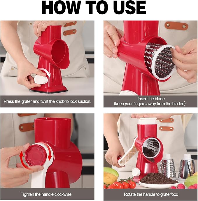 Cheese Grater Cheese Shredder with 3 Interchangeable Blades, Rotary Cheese Grater Manual Vegetable Slicer with Non-slip Suction Base Peanut Nuts Grinder Vegetable Shredder Red