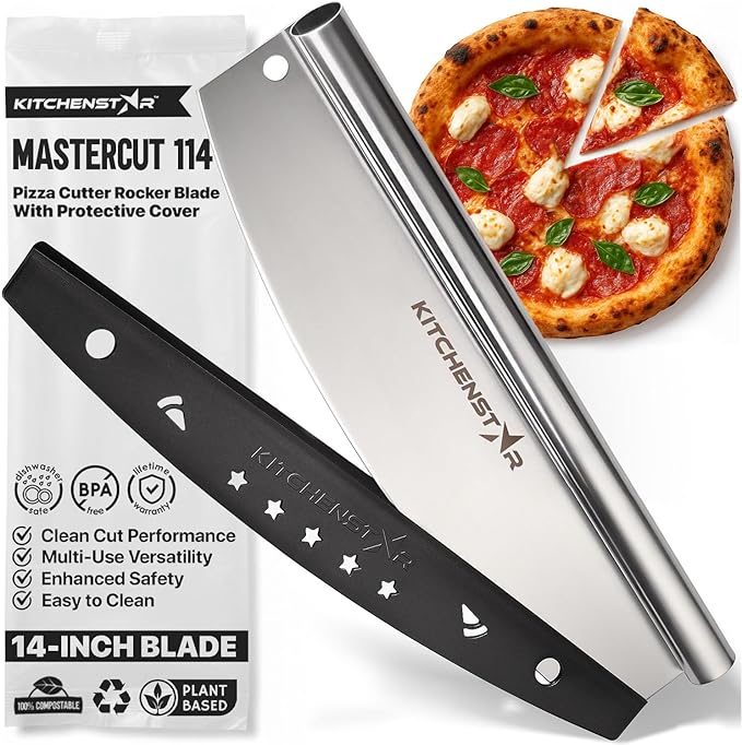 14-Inch Pizza Cutter Rocker Blade, 304 Stainless Steel Slicer Knife, Silver | Protective cover included, dishwasher safe, one-piece design, food-grade stainless steel, suitable for medium pizzas