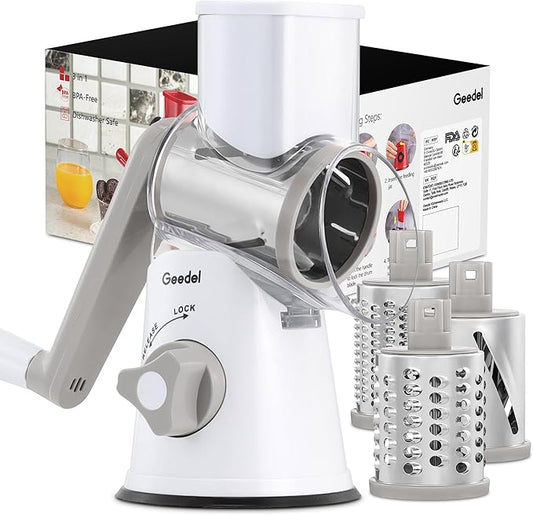 Geedel Rotary Cheese Grater, Kitchen Mandoline Vegetable Slicer with 3 Interchangeable Blades, Easy to Clean Rotary Grater Slicer for Cheese, Vegetables, Nuts