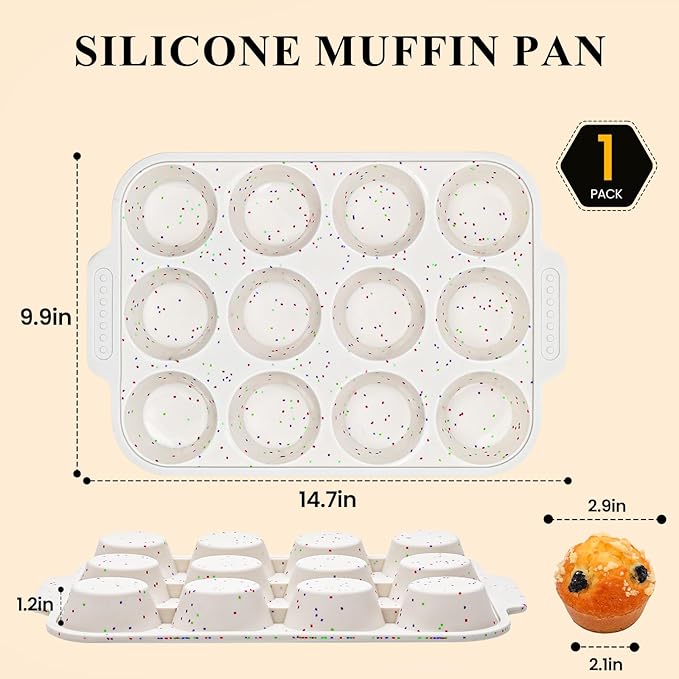 Vinino Silicone Muffin Pan with Reinforced Frame, Nonstick Cupcake Pan | Regular Size Silicone Muffin Pan for Baking with Non-Slip Handle, Muffin Tray for Oven, BPA Free, Dishwasher Safe-Cream