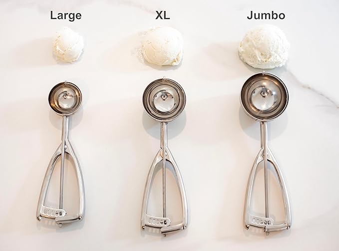 Jenaluca Jumbo Ice Cream Scoop, 18/8 Stainless Steel, 1/2 Cup Size #8 | Commercial-grade disher for ice cream, cupcakes, muffins, cookies & batter. Squeeze handle. Dishwasher safe.