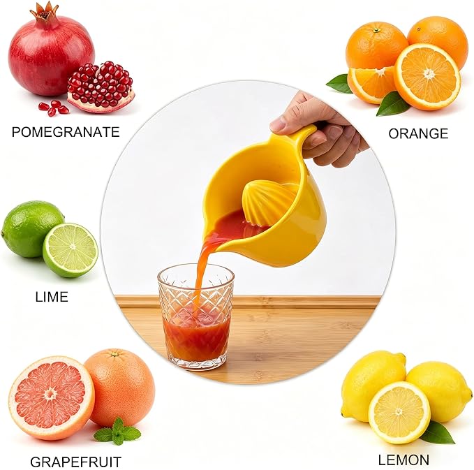 4 inch Ceramic Lemon Squeezer - Manual Citrus Juicer with Handle and Easy Pour Spout for Lemon, Orange, Lime&Grapefruit -Easy to Clean Hand Press Juicer,Microwave & Dishwasher Safe,Lead-Free (Yellow)