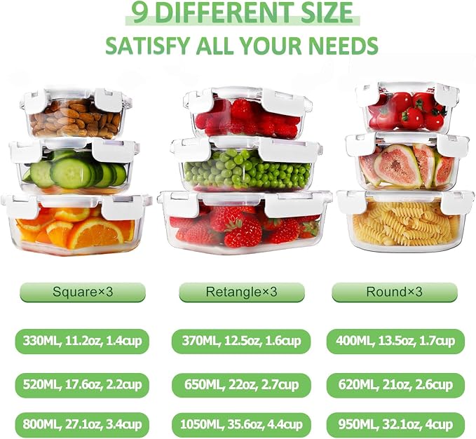 HOMBERKING Glass Food Storage Containers with Lids, [18 Piece] Meal Prep Containers, Airtight Lunch Bento Boxes (9 lids & 9 Containers) - White