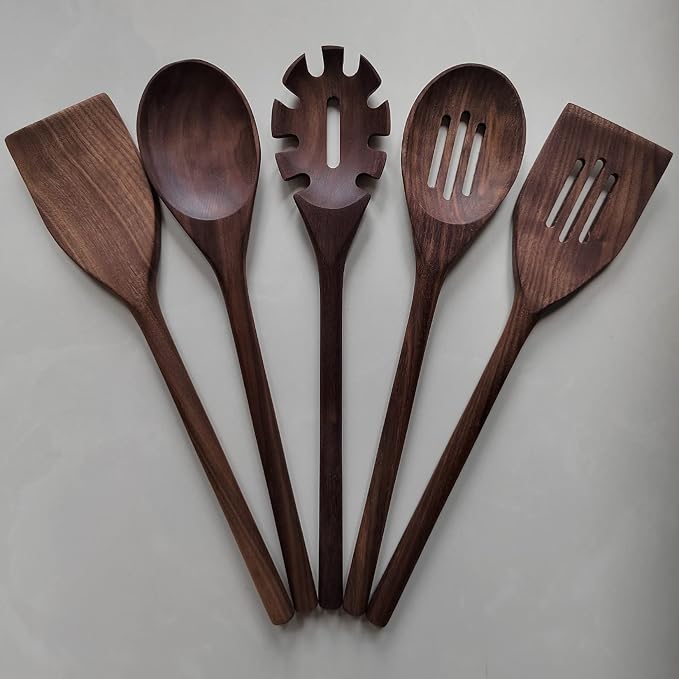 5pcs Black Walnut Wooden Cooking Utensils - 14" Long Handle Spoons, Crafting Set