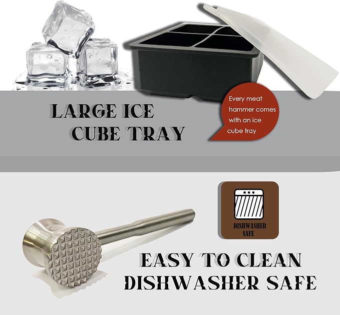 Stainless Steel Meat Tenderizer Tools, Heavy Duty Kitchen Meat Hammer with a 4-hole Silicone Ice Box,Meat Mallet Meat Pounder Waisted Model Designed For Steak, Chicken, Beef, Pork, Nuts