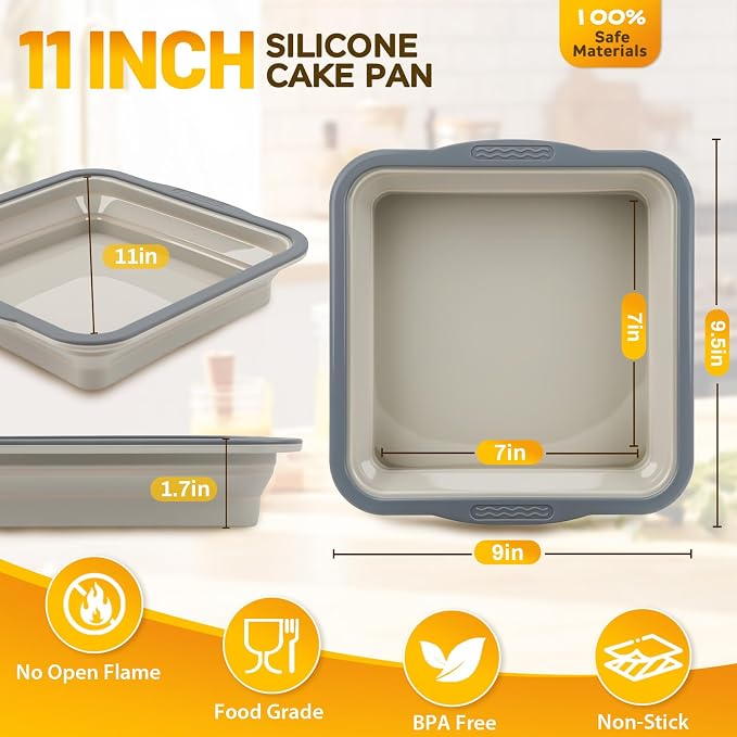 7x7 Silicone Square Cake Pan with Metal Reinforced Edge, Nonstick Brownie Baking Pan, BPA Free, Oven Safe Flexible Silicone Mold, Suitable for Making Cakes, Brownies, Bread, Pie, Lasagna