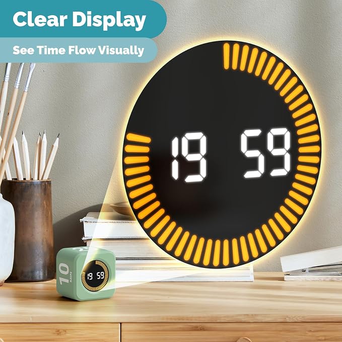 KADAMS Pomodoro Timer – Visual Timer Cube, LED Countdown Ring & Count Up Mode, Silent Flip Productivity Timer for Study, Classroom, Office, Cooking (Green 5-10-25-50 min)