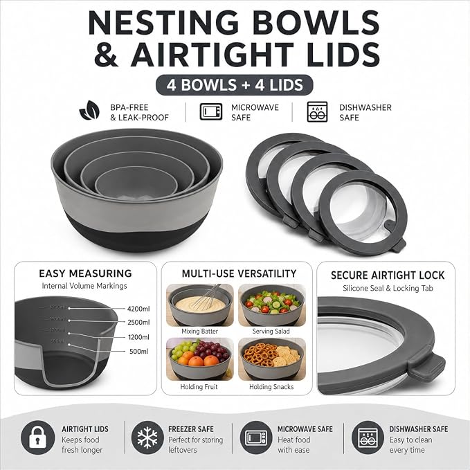 Pera Mixing Bowls with Lids, 8-Piece Airtight Leak-Proof Nesting BPA-Free Prep Bowl Set for Kitchen & Food Storage, Large 4200ml Capacity, Microwave & Dishwasher Safe(Black)