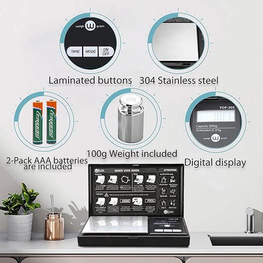 Digital Pocket Gram Scale 200g x 0.01g High Precision with 100g Calibration | Mini Scale Weighs Kitchen Small Food, Jewelry, Ounces, Grains, LCD Display, Tare Function With 100g Calibration Weight