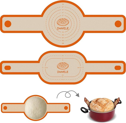 Silicone Bread Sling for Dutch Oven, Non-Stick & Easy to Clean Bread Baking Mat Set, 2 Pcs Reusable Bread Sling with Long Handle to Transfer Sourdough (Orange, Oval and Round)
