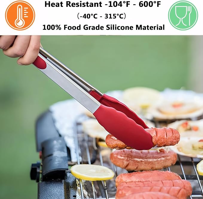 Kitchen Silicone Tongs for Cooking with Non-Slip Silicone Tips, 600°F Heat Resistant Cooking Food Tong Set Heavy Duty Stainless Steel Handle for Baking Grilling BBQ Serving, 2 Pack (9" & 12")