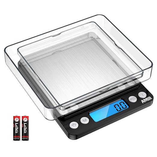 AMIR Digital Kitchen Scale, 3000g 0.01oz/0.1g Pocket Cooking Scale, Mini Food Scale, Pro Electronic Jewelry Scale with Back-Lit LCD Display, Tare & PCS Functions, Stainless Steel, Black