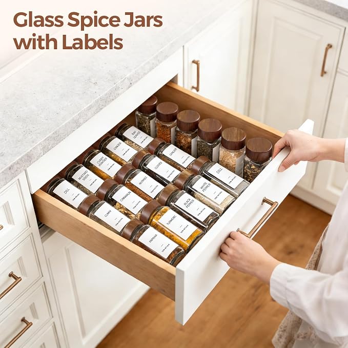 ComSaf Glass Spice Storage Jars with Acacia Wood Lids & Labels 4Oz 24Pack | Seasoning Container for Cooks, Herbs Pepper Salt Cinnamon Paprika, Spice Rack & Drawer, Canister with Shaker Insert & Funnel