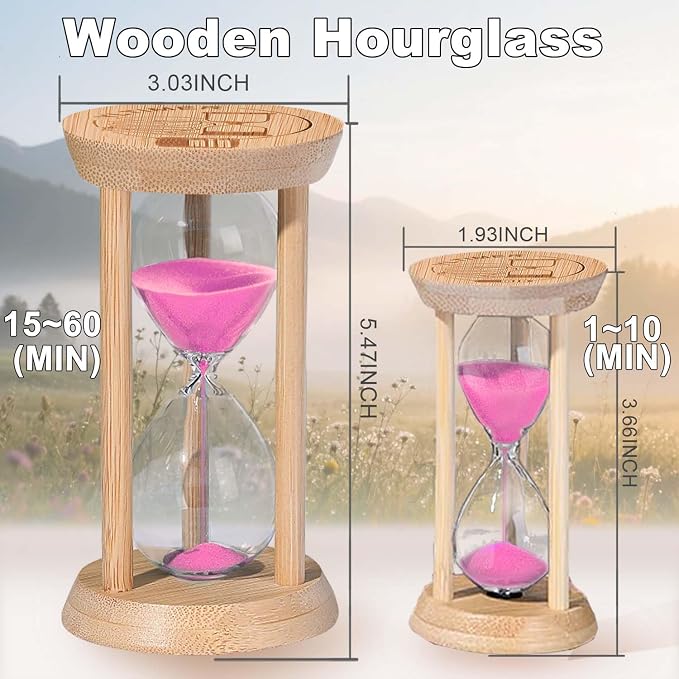 Wooden Sand Timers 2 Minute Hourglass,Bamboo Mini Pink Sand Clock for Decor, Small Reloj De Arena for Kitchen, Office, Toothbrush, Classroom