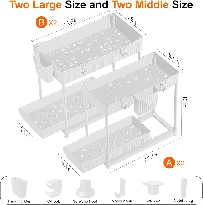 4-Pack 2-Tier Under Sink Organizer with Pull Out Drawers | Multi-use kitchen & bathroom storage. Includes hanging hooks and cups. White, space-saving cabinet design. 12.8 Inch