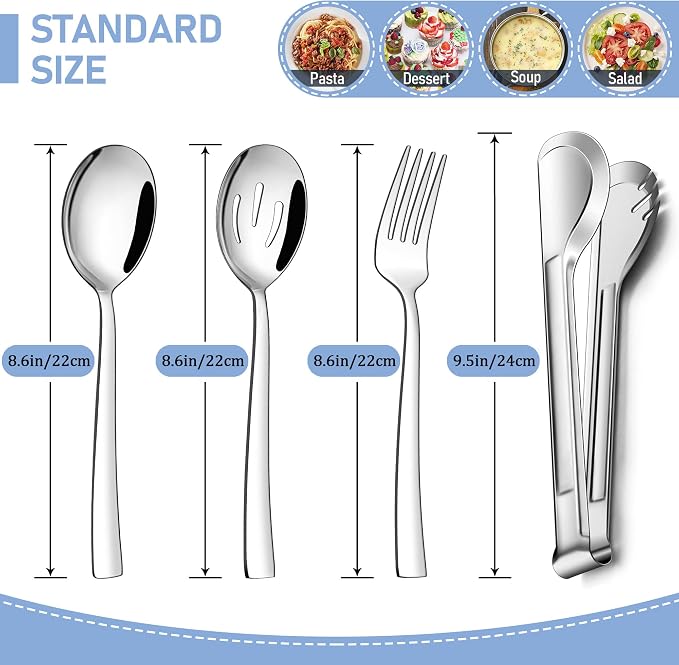 LIANYU Serving Utensils Set of 8, Stainless Steel Serving Spoons, Slotted Spoons, Forks, Metal Tongs for Kitchen Buffet Party Banquet Entertaining, Mirror Finished, Dishwasher Safe