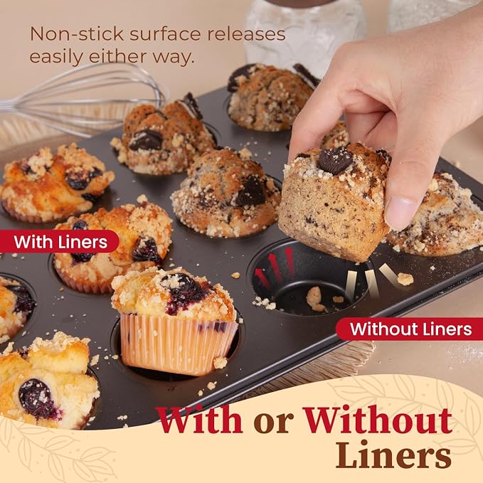 CARTMAN 2-Pack 12-Cup Muffin Pan Set, Carbon Steel Nonstick Cupcake Tin | Includes 200 liners, durable carbon steel, nonstick release, for cupcakes, muffins, egg bites, brownies, oven safe 450°F