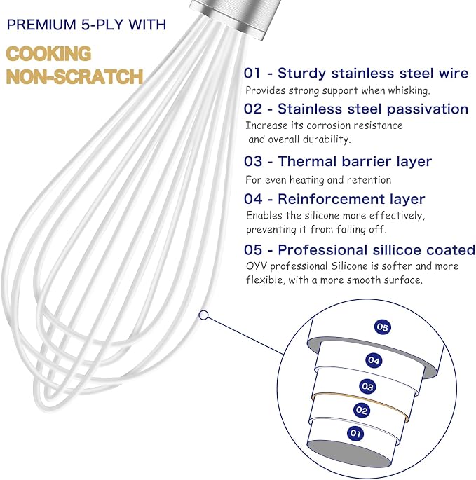 OYV White Silicone Whisk, Professional Whisks For Cooking Non-Scratch, Stainless Steel & Silicone Wisk, Plastic Rubber Whisk Tool For Nonstick Cookware Pans, BPA free, Silicon Wisks Set of 3