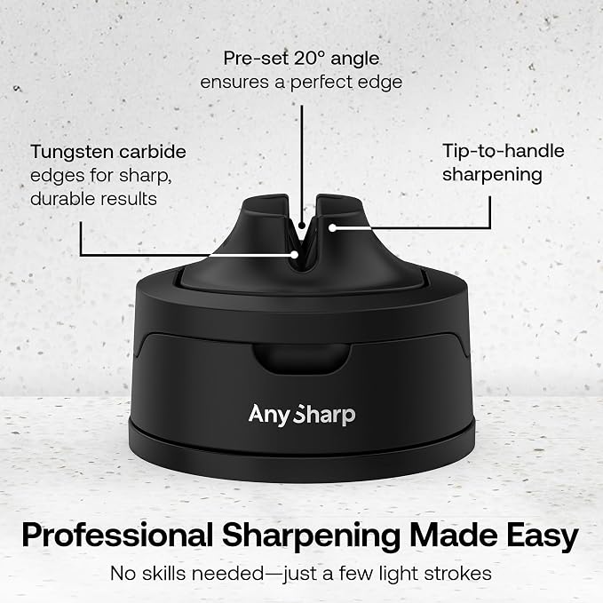 AnySharp – EVO – Hands Free Knife Sharpener - Easy to Use Sharpening Tool with Improved PowerGrip Suction Base and 20-Deg Pre-Set Angle - for All Knives: Chef's, Serrated, and Hardened Steel - Black