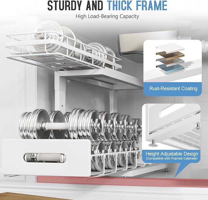 Under Sink Organizer Upgrade To Professional Rails,2-Tier Dual Pull Out Cabinet Storage,Height Adjustable Slide Out Drawers For Bathroom Kitchen,2 Pack-18.5"Dx12.8"-16.9"H,White