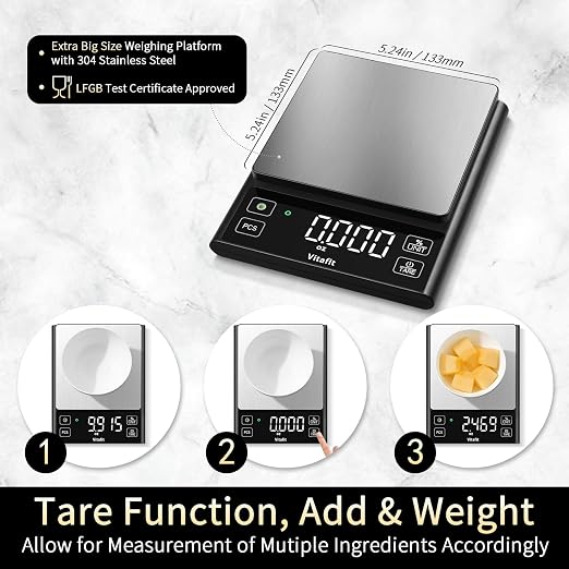 Vitafit 11lb Food Scale, High Accuracy 0.0001lb by Our Professional Scale Factory Since 2001, Digital Kitchen Scale with% Percentage Function for Cooking, Baking & Coffee, Stainless Steel, LED, Black
