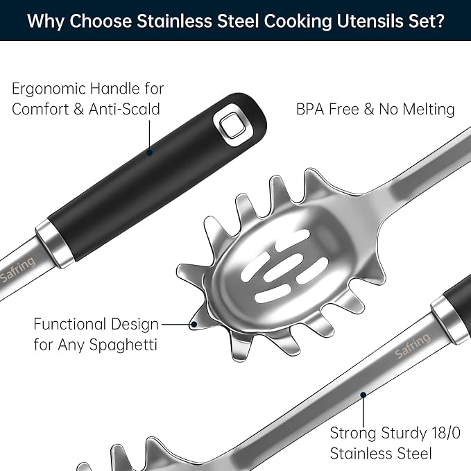 Safring Stainless Steel Soup Ladle and Spaghetti Spoon Set, Heat Resistant Rubber Handle, Dishwasher Safe, Kitchen Utensils for Cooking, Stirring, Serving Pasta, Soup & Sauce