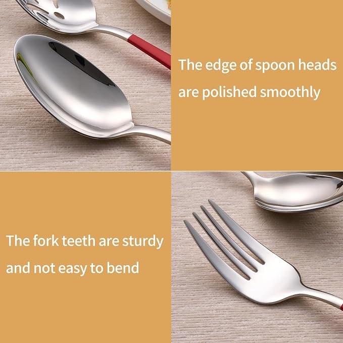 10 Pieces Red Serving Set, 18/0 Stainless Steel Hostess Set, Slotted Serving Spoon, Salad Spoon/Fork, Butter Knife, Two Color Combinations Set, Dishwasher Safe