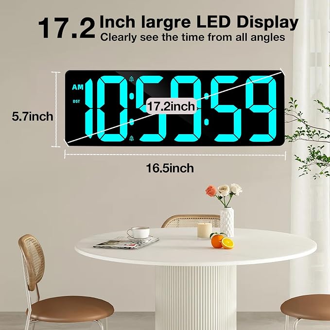 17.2" Large Digital Timer Wall Clock with Remote Control, Count Down Up Digital Timer, Auto DST LED Big Digital Clock for Bedroom Kitchen Living Room Office Gym Home Decor, Blue