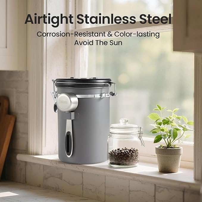 Veken Coffee Canister, Airtight Stainless Steel Food Storage Container,22OZ | Date Tracker, Kitchen Jars for Beans,Ground, Espresso, Rice,Tea, Sugar,Cereal,Cookie, Bar Accessories,Gifts, Lids, Scoop,Gray