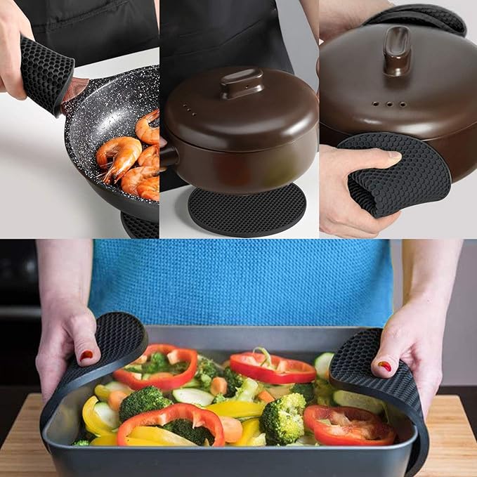 4 Pcs Trivets for Hot Dishes, Hot Pads for Kitchen, Silicone Pot Holders, Extra Thick, Non Slip, Multipurpose Kitchen Accessories (Black)