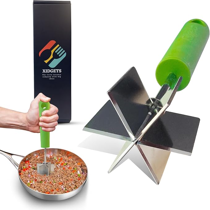 Stainless Steel Meat Chopper, Masher & Cocktail Muddler | Dishwasher Safe | 6-Blade Chopper Tool | Oversized Soft Grip Handle | Heat Resistant Grip | 9" (Zippy Green)