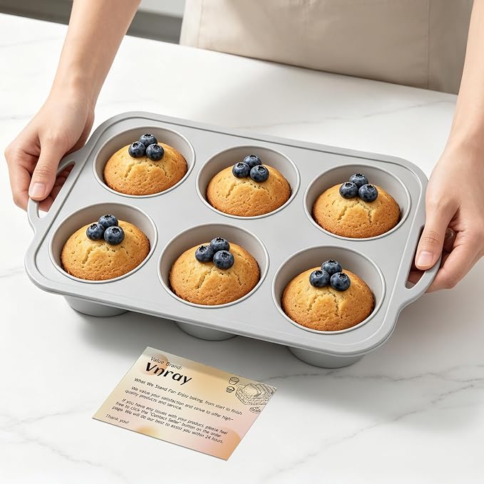 Jumbo Silicone Muffin Pan with Frame, Non Stick Large Cupcake Baking Tin | Silicone Cupcake Pan with Handles 6 Cup, BPA Free Silicon Muffin Tin Tray Extra Large for Baking Egg Bites Mold Light Grey