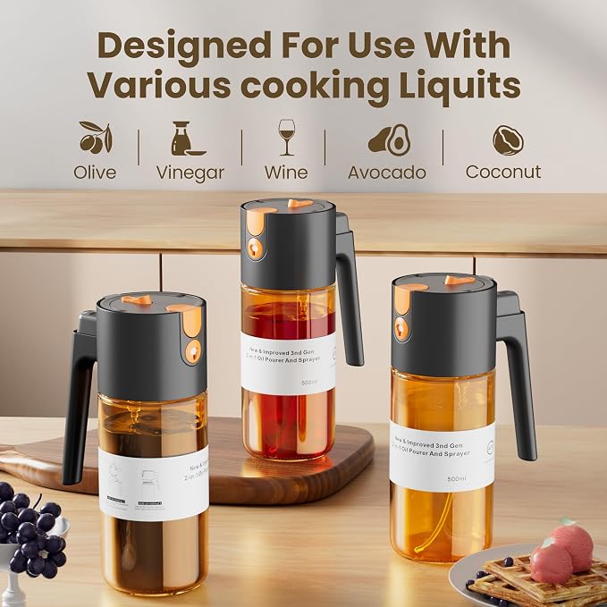 LAKUMIQI 2 in 1 Oil Sprayer for Cooking, 17oz | Light-Blocking Glass Spray Bottle with Stickers, Oil Dispenser for Salad, Air Fryer & BBQ