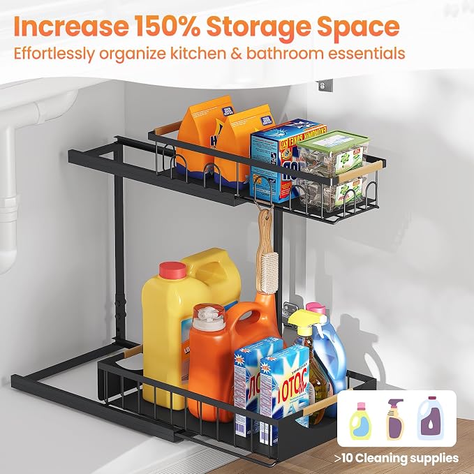 Under Sink Organizer and Storage for Bathroom and Kitchen - 2 Pack 2 Tier | Cabinet Pull Out Shelf Organizers - Slide Out Drawer Organization for Home Cabinets Shelves and Drawers
