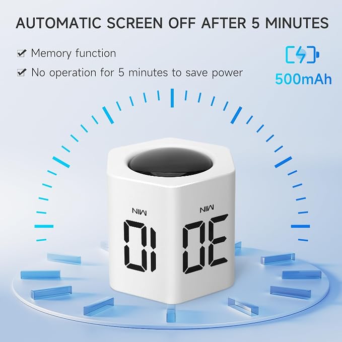 Productivity Timer 1, 5, 10, 30, 60 Minutes Preset, Desk Cube Timer with Gravity Sensor/Mute/Vibration for ADHD, Work, Study, Kitchen, Back to School (White)