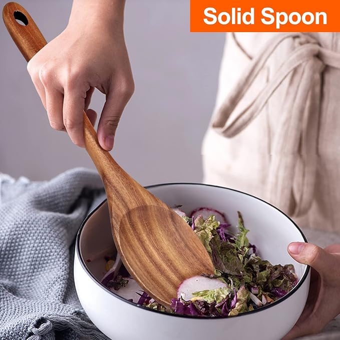 4-Piece 14" Large Acacia Wood Utensils Set for Cooking Spatula Wooden Kitchen Utensil Non Toxic Spoon Slotted Turner Best Long Spatula for Kitchen Use Tools Cooking Utensils Mixing Serving Spoons